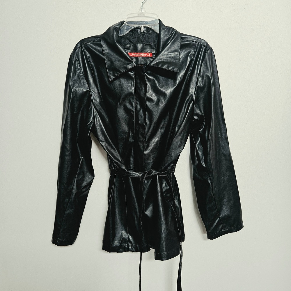 Jennyfer.S Black Faux Leather Belted Jacket Women 1X PVC Outerwear Trench Coat